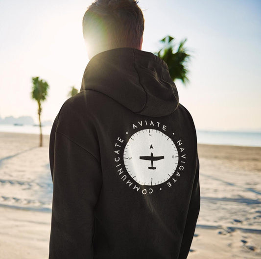 a model showing the back of a black Aviate, Navigate, Communicate Pilot Hoodie - Aviator Apparel