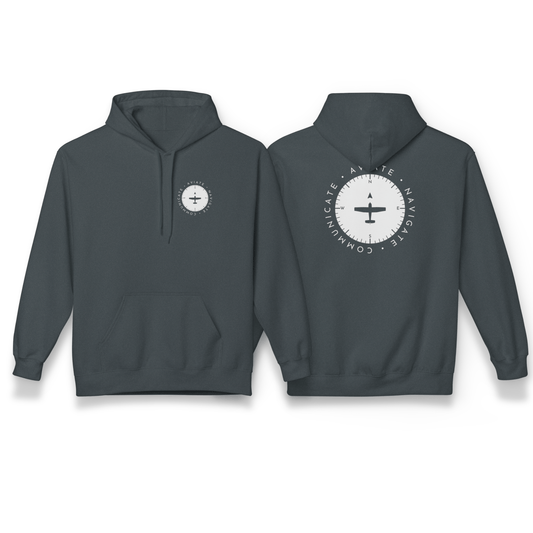 front and back of dark heather grey Aviate, Navigate, Communicate Pilot Hoodie - Aviator Apparel