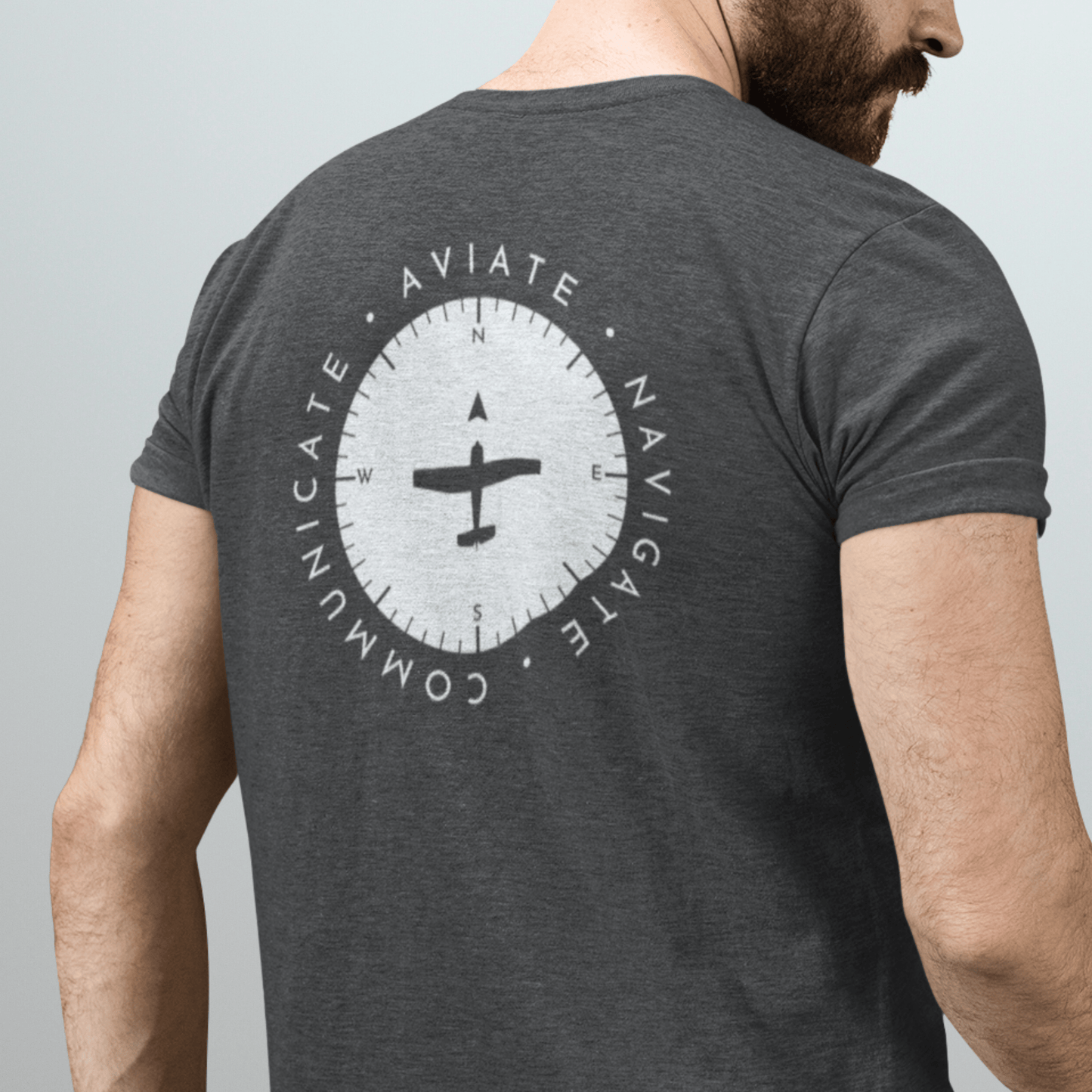 a make model showing the back of the dark heather grey Aviate, Navigate, Communicate Pilot T-Shirt - Aviator Apparel