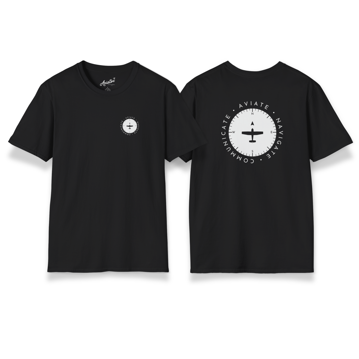 front and back of black Aviate, Navigate, Communicate Pilot T-Shirt - Aviator Apparel