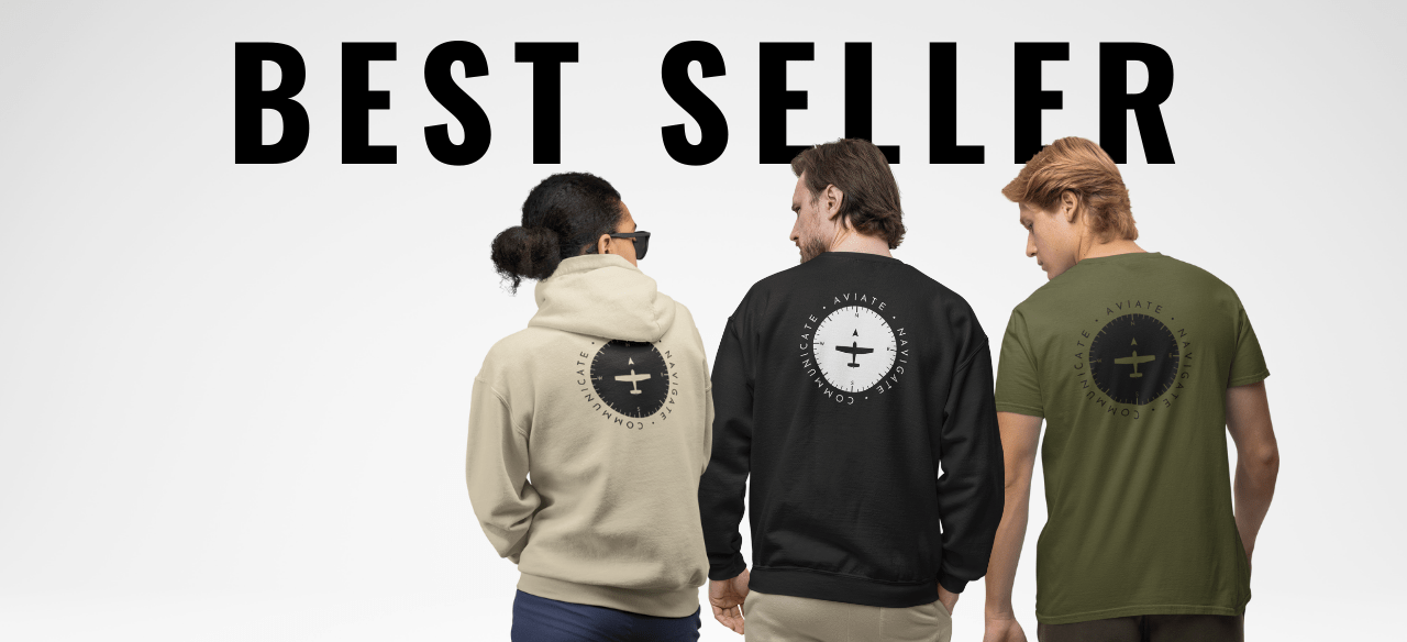 Three people wearing hoodies and t-shirts with an aviate, navigate, communicate heading indicator logo on the back, against a white background with 'BEST SELLER' text.
