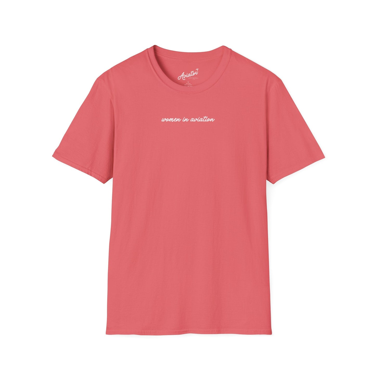 front of bright coral pink Women in Aviation T-Shirt for Female Pilots - Aviator Apparel