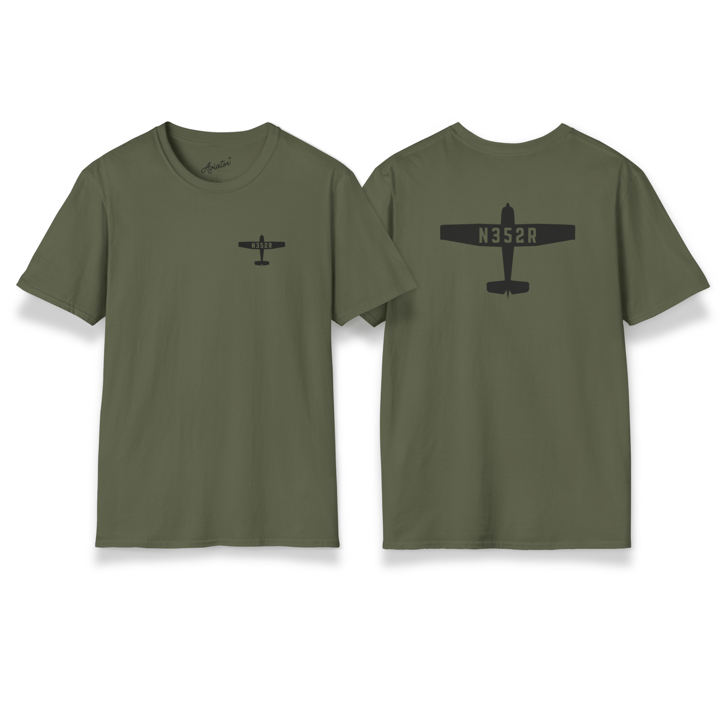 front and back of green Custom Tail Number Airplane T-Shirt for Pilots - Aviator Apparel