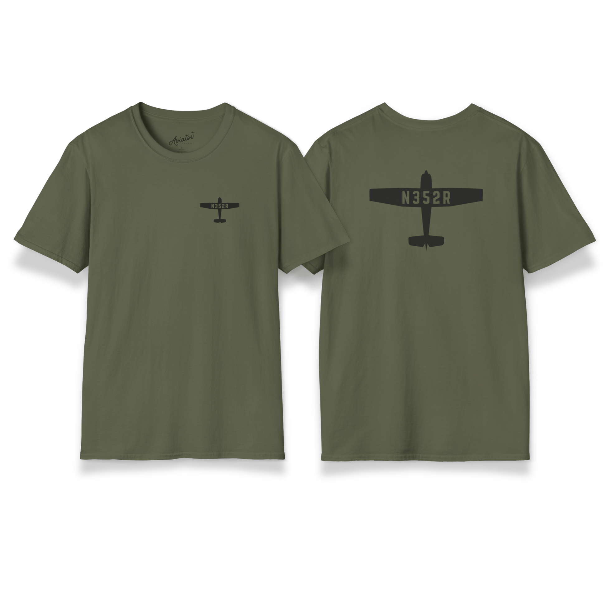 front and back of green Custom Tail Number Airplane T-Shirt for Pilots - Aviator Apparel