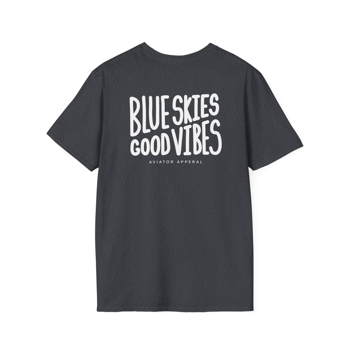 back of dark heather grey Blue Skies, Good Vibes Aviator T-Shirt - Aviator Apparel