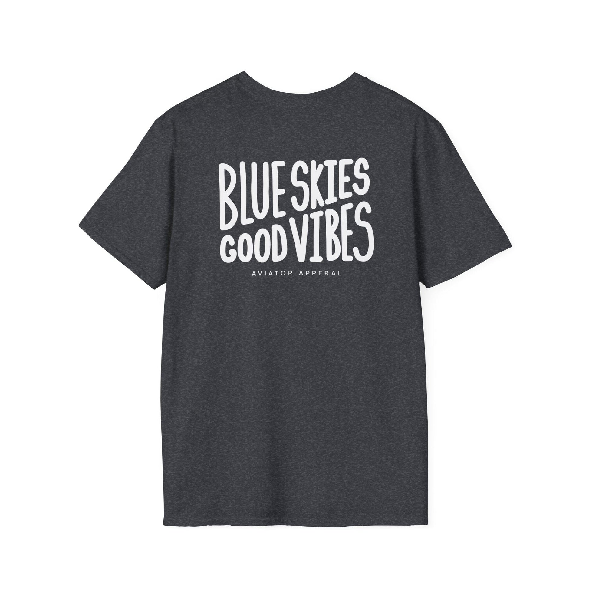 back of dark heather grey Blue Skies, Good Vibes Aviator T-Shirt - Aviator Apparel