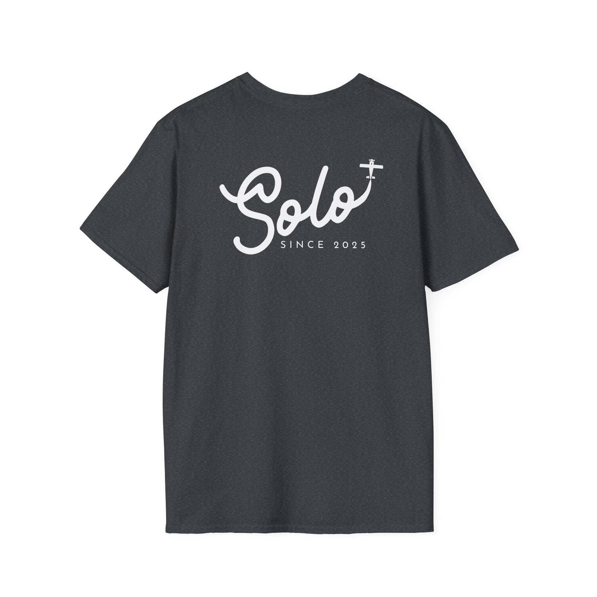back of dark heather grey Solo Since 2025 T-Shirt - First Solo Gift for Pilots - Aviator Apparel