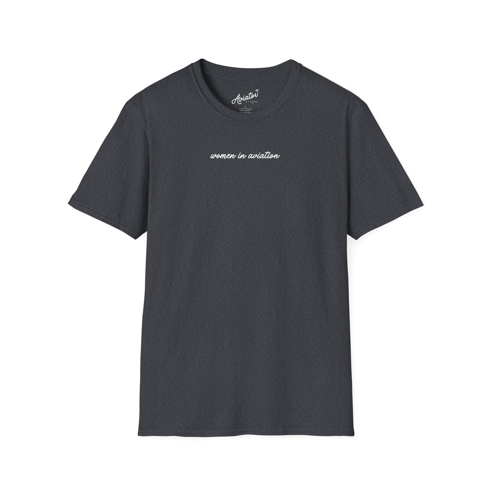 front of dark heather grey Women in Aviation T-Shirt for Female Pilots - Aviator Apparel