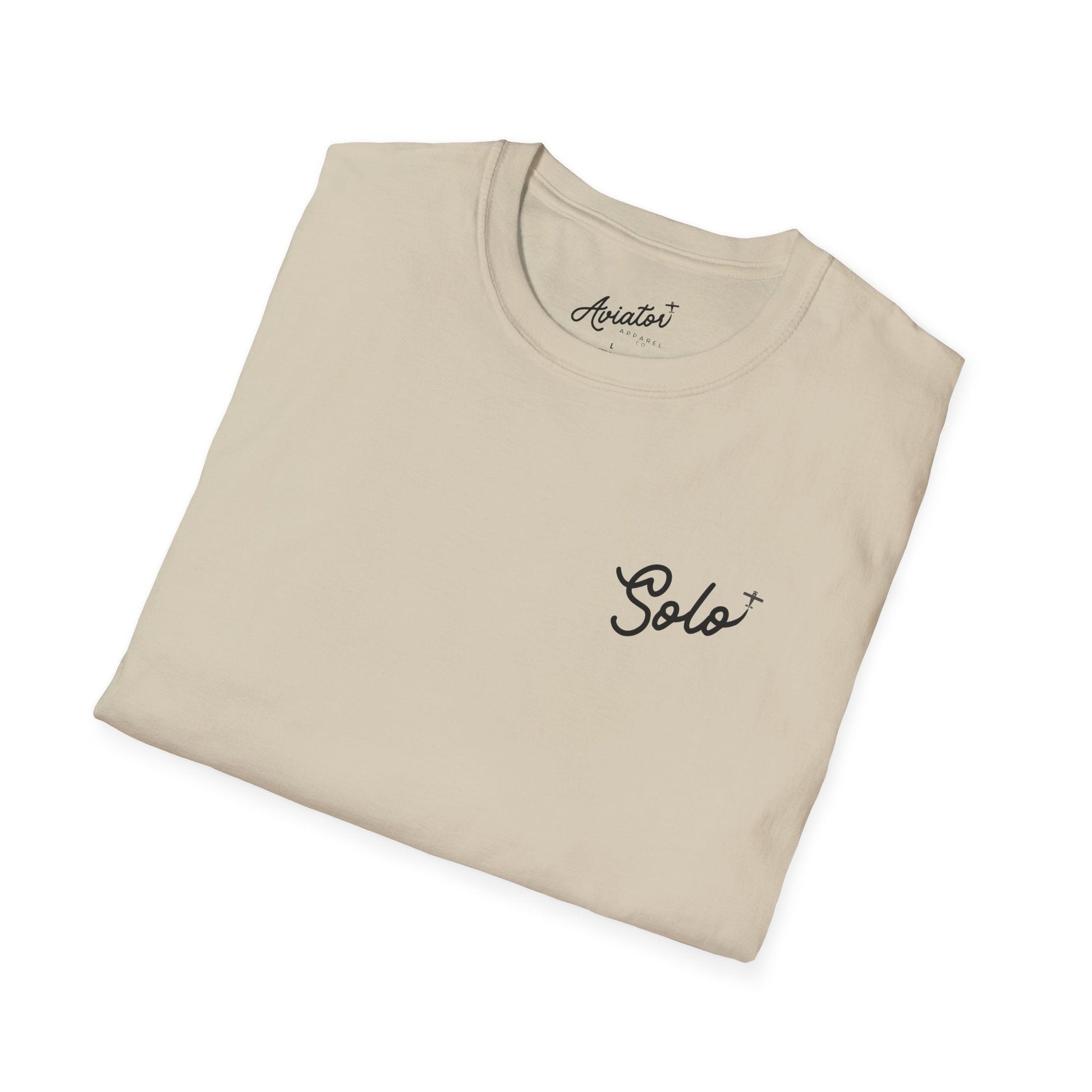 close up of the front of a folded khaki Solo Since 2025 T-Shirt - First Solo Gift for Pilots - Aviator Apparel