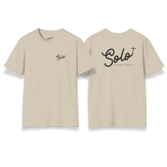 front and back of khaki Solo Since 2025 T-Shirt - First Solo Gift for Pilots - Aviator Apparel