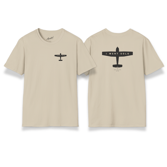 front and back of Khaki I went solo t-shirt - first solo flight gift for pilots - Aviator Apparel