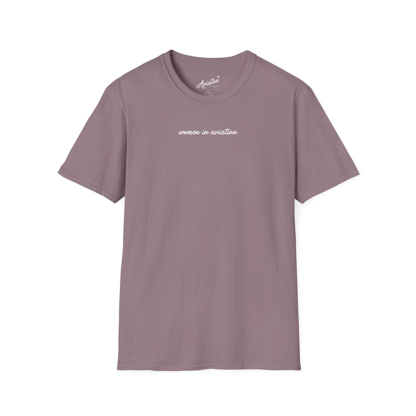 front of muted purple Women in Aviation T-Shirt for Female Pilots - Aviator Apparel