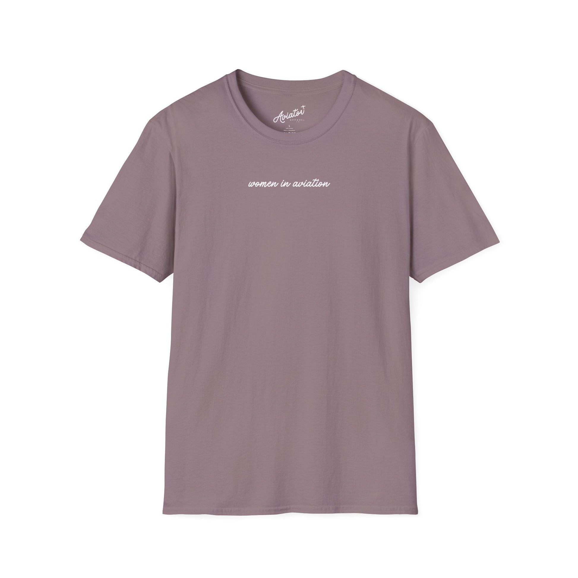 front of muted purple Women in Aviation T-Shirt for Female Pilots - Aviator Apparel