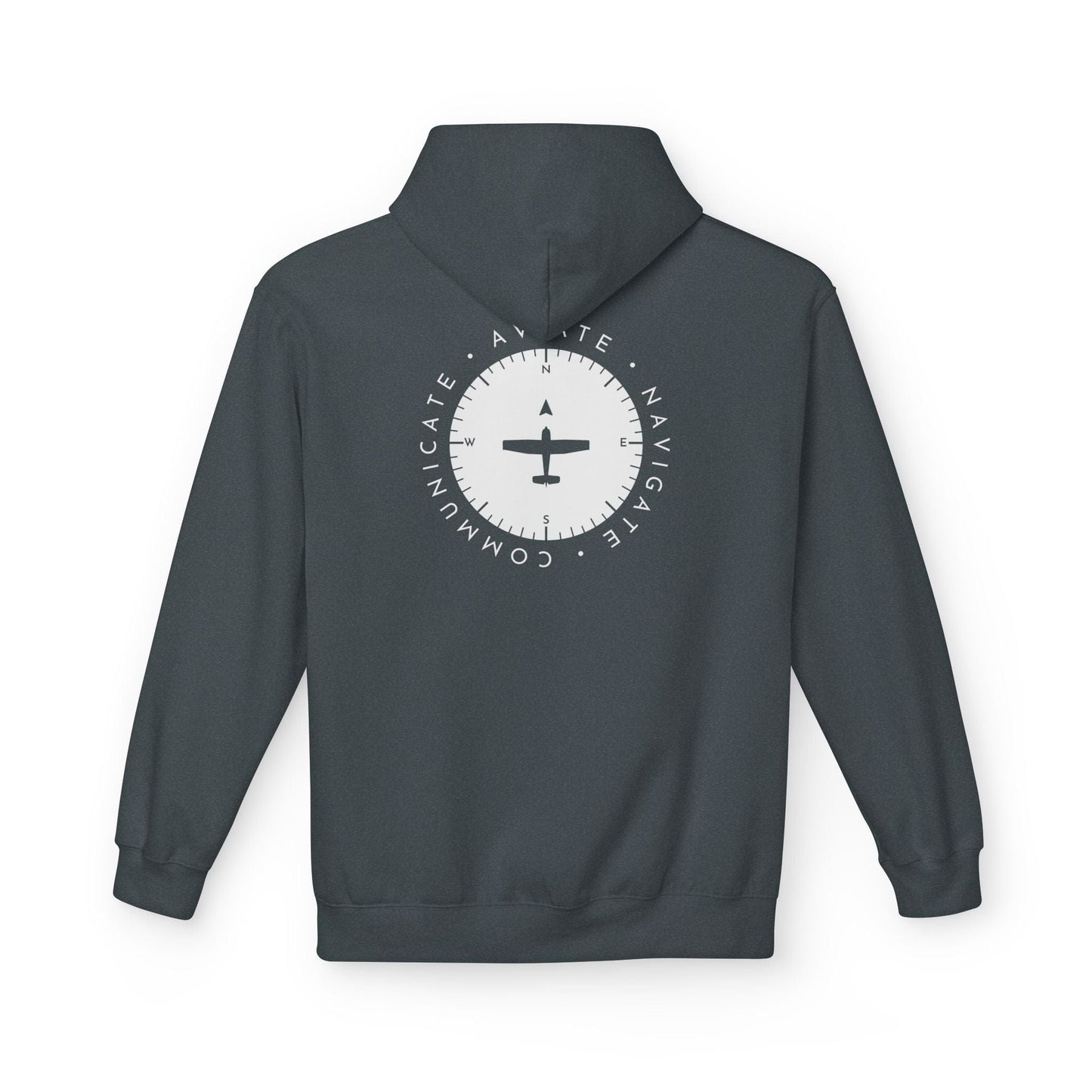 back of dark heather grey Aviate, Navigate, Communicate Pilot Hoodie - Aviator Apparel