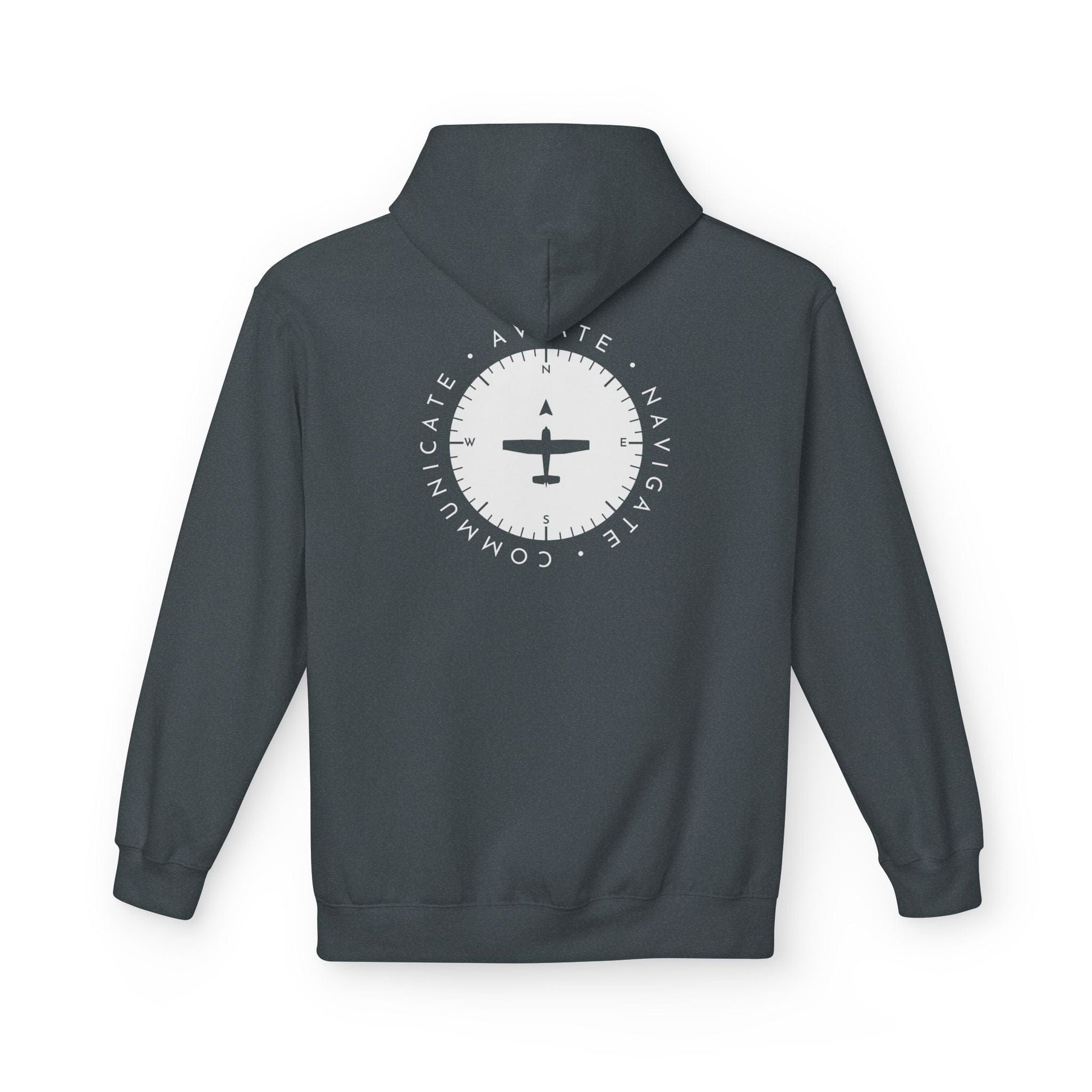 back of dark heather grey Aviate, Navigate, Communicate Pilot Hoodie - Aviator Apparel