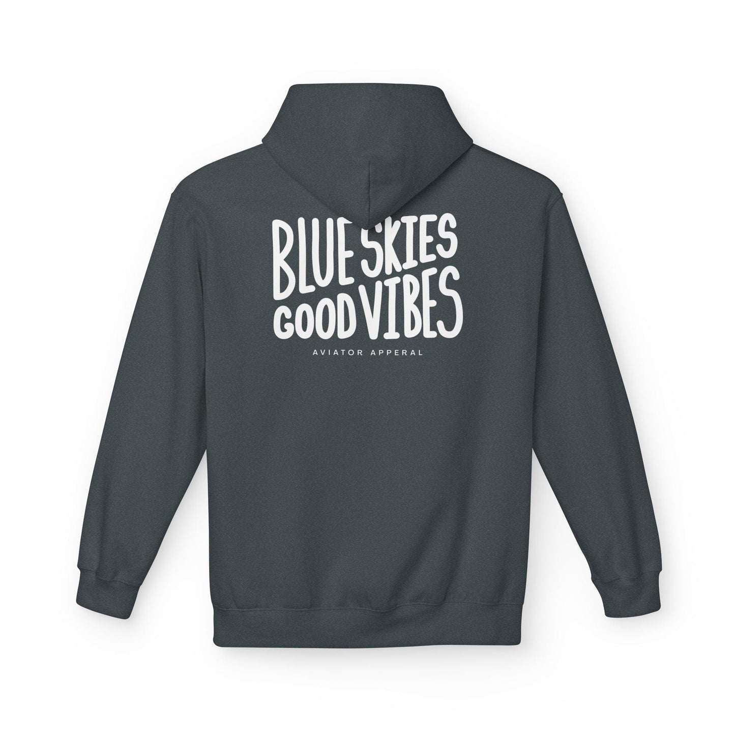 back of dark heather grey Blue Skies, Good Vibes Hoodie for Pilots - Aviator Apparel