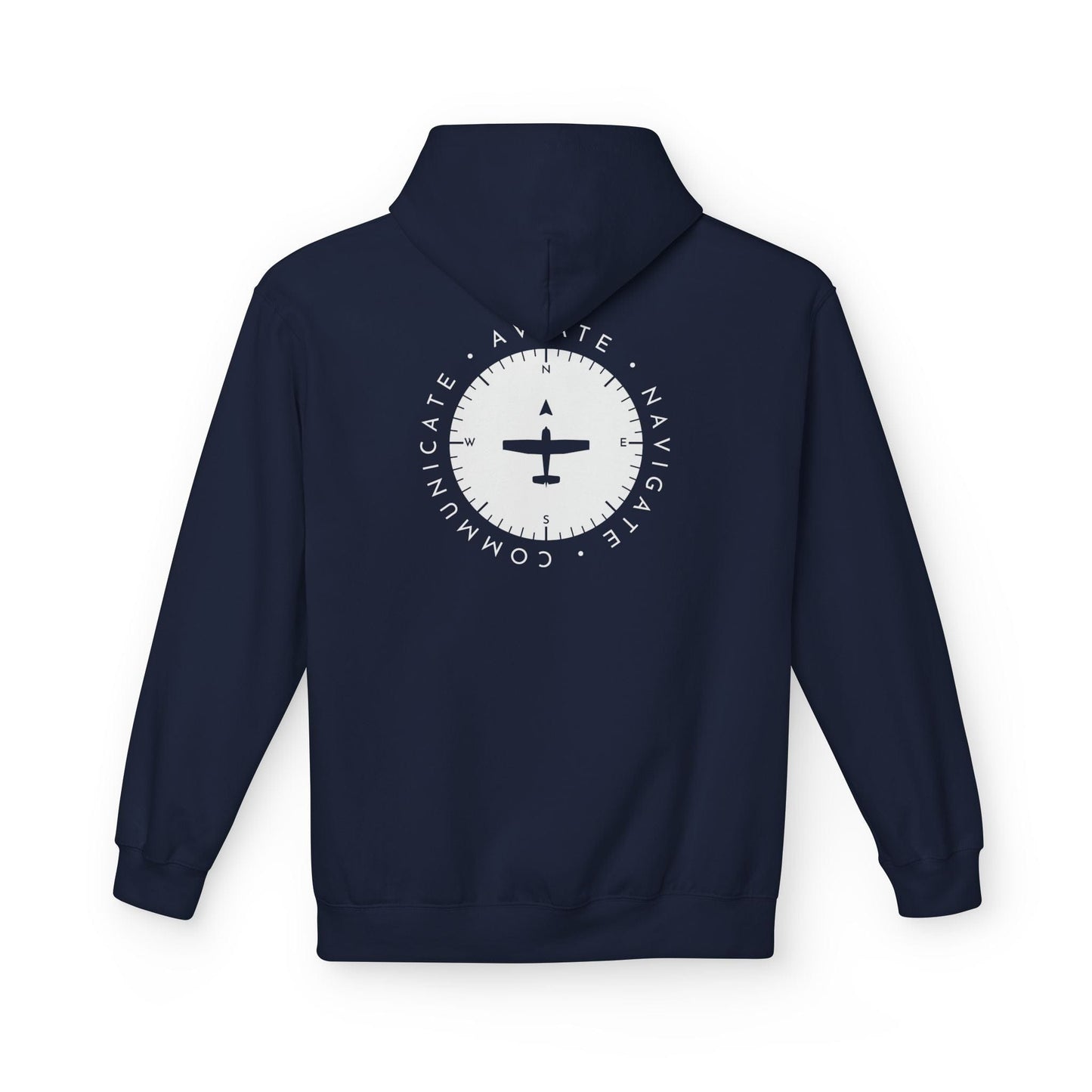 back of navy Aviate, Navigate, Communicate Pilot Hoodie - Aviator Apparel