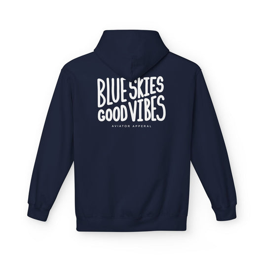 back of navy Blue Skies, Good Vibes Hoodie for Pilots - Aviator Apparel