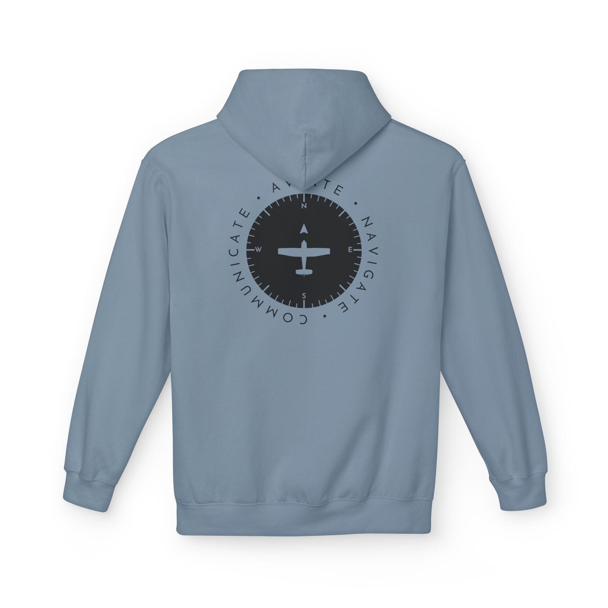 back of stone blue Aviate, Navigate, Communicate Pilot Hoodie - Aviator Apparel