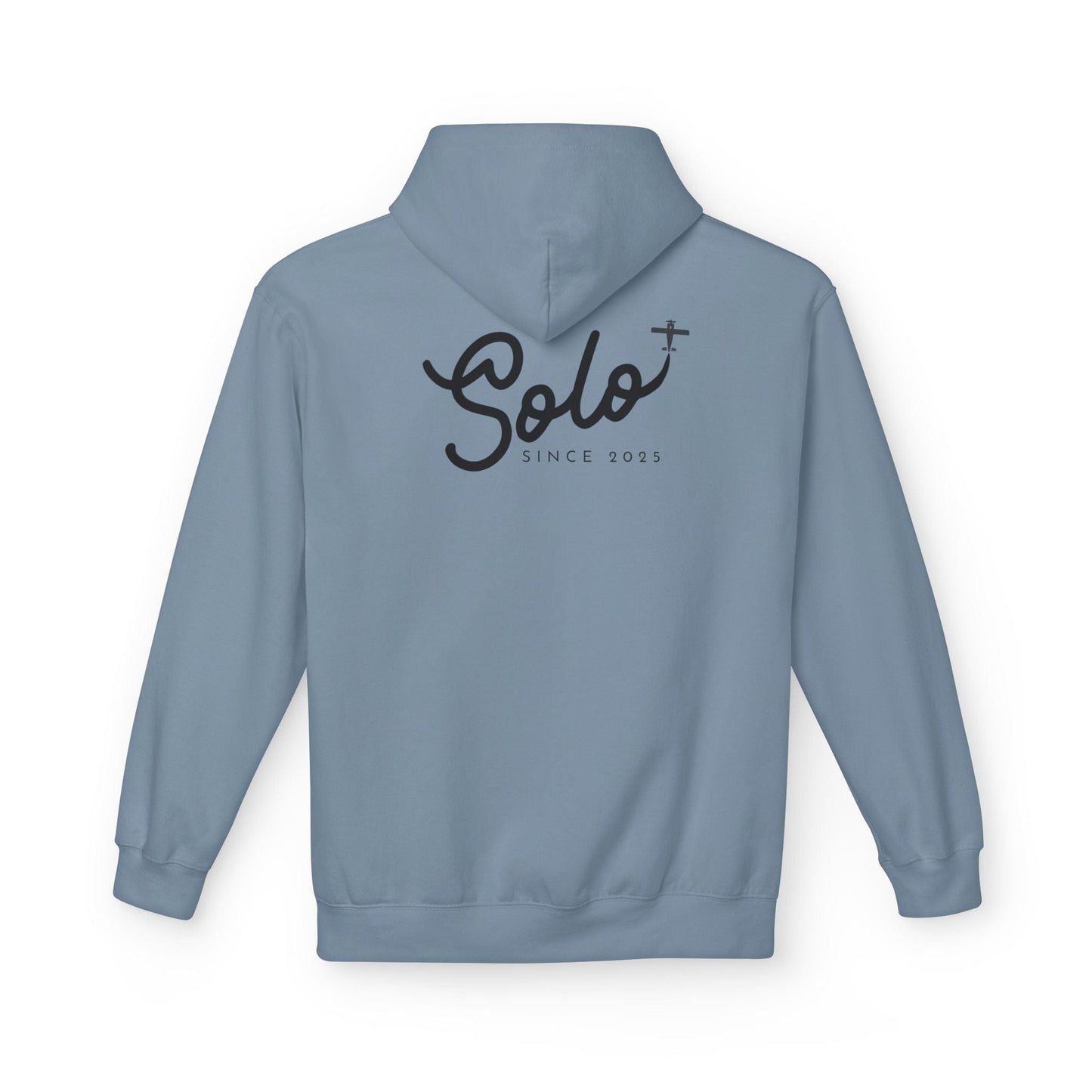 Back of Stone Blue Solo Since 2025 Hoodie- First Solo Flight Gift for Pilots - Aviator Apparel