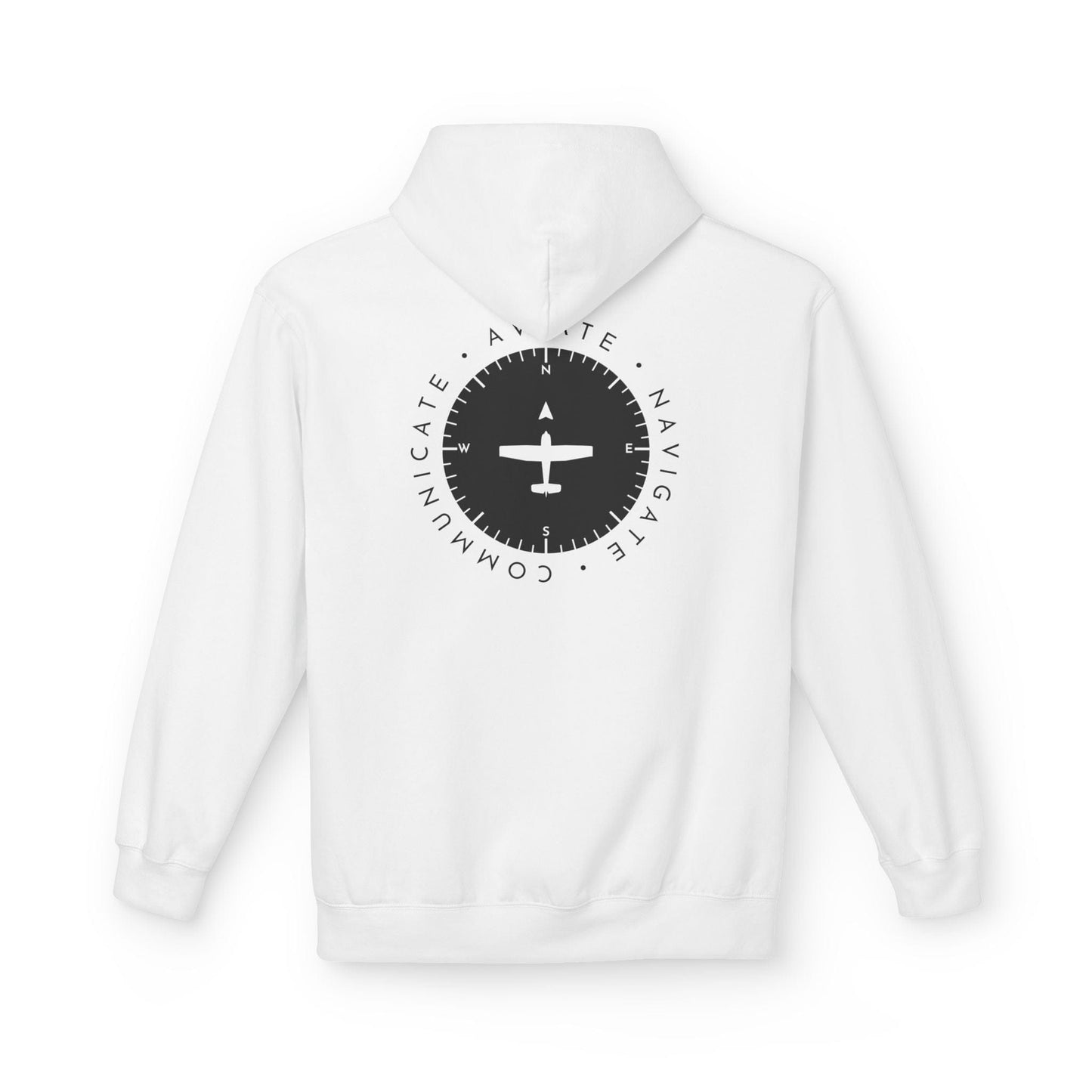 back of white Aviate, Navigate, Communicate Pilot Hoodie - Aviator Apparel