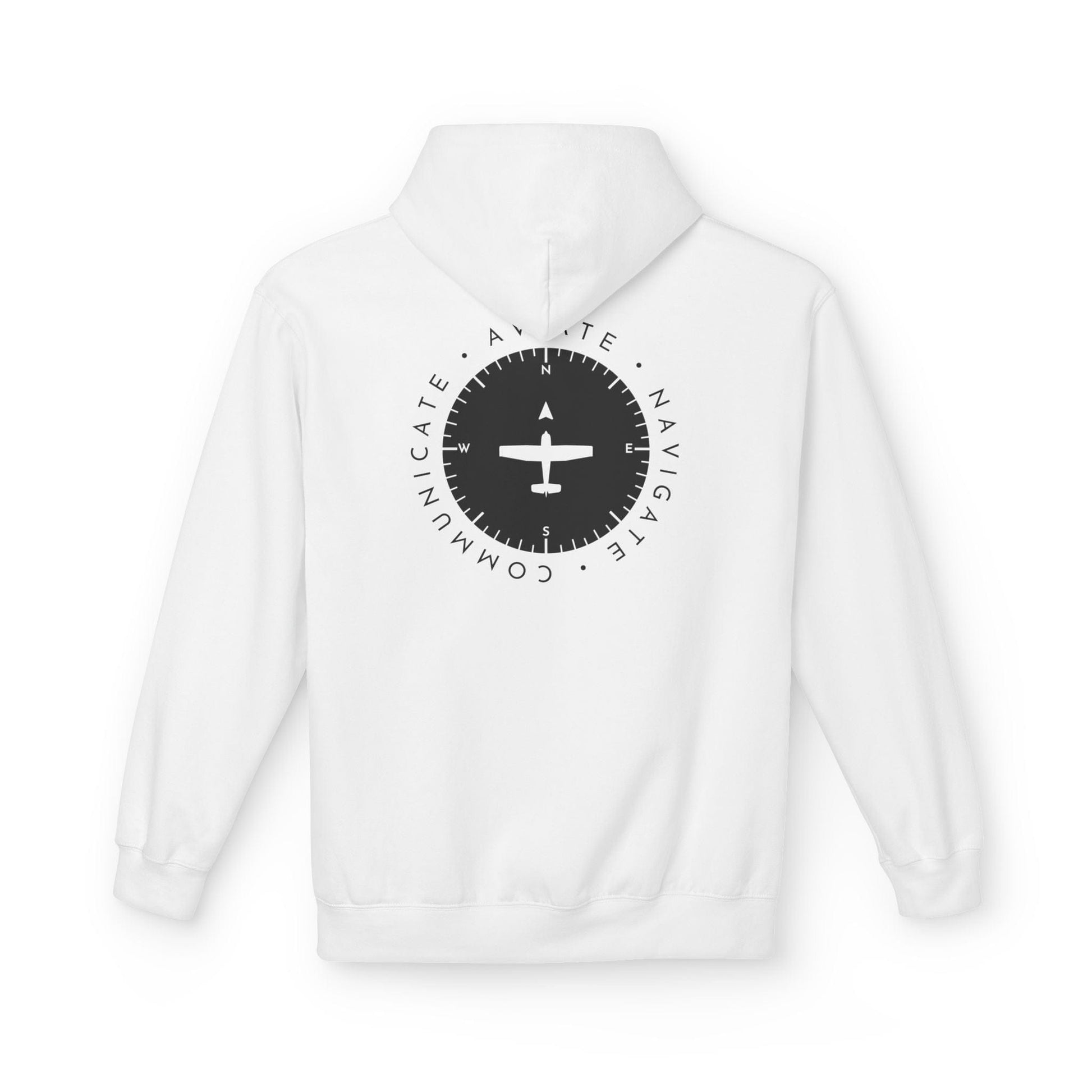 back of white Aviate, Navigate, Communicate Pilot Hoodie - Aviator Apparel