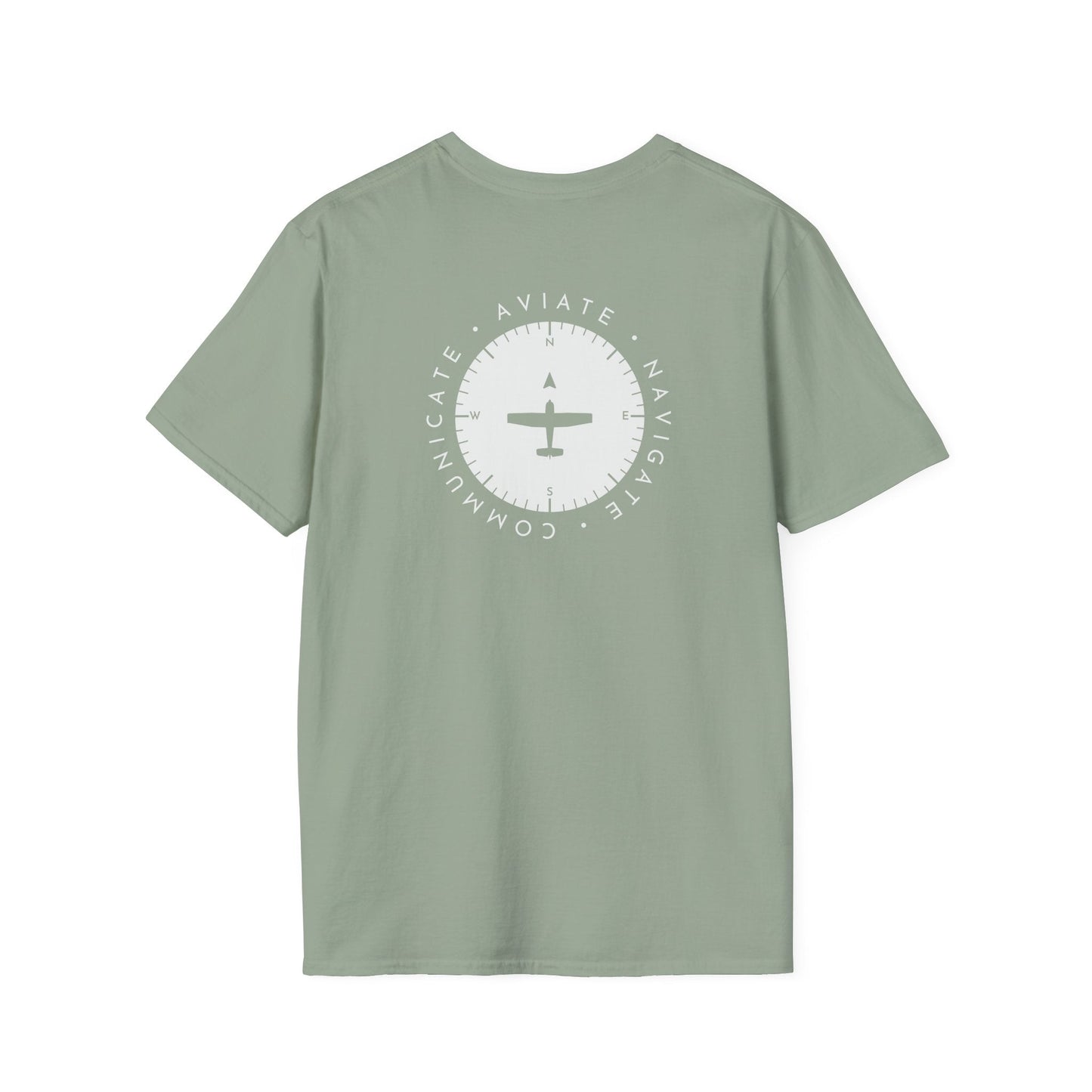 back of sage green Aviate, Navigate, Communicate Pilot T-Shirt - Aviator Apparel