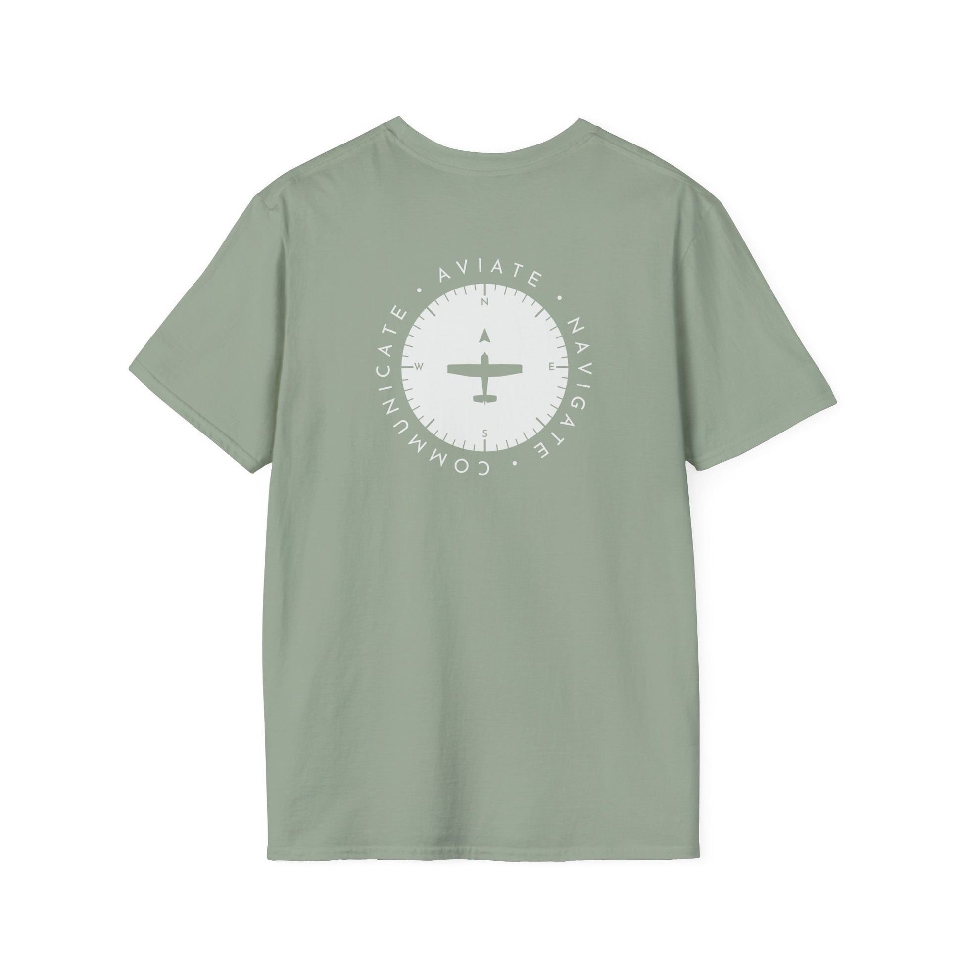 back of sage green Aviate, Navigate, Communicate Pilot T-Shirt - Aviator Apparel