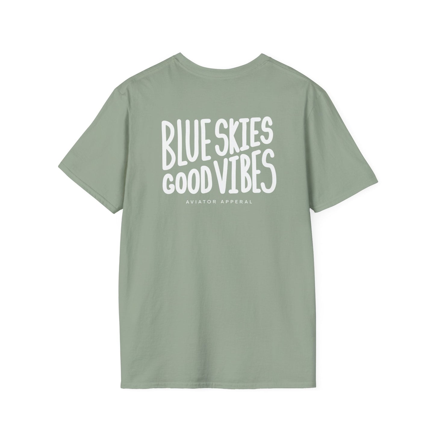 back of sage green Blue Skies, Good Vibes Aviator T-Shirt - Aviator Apparel