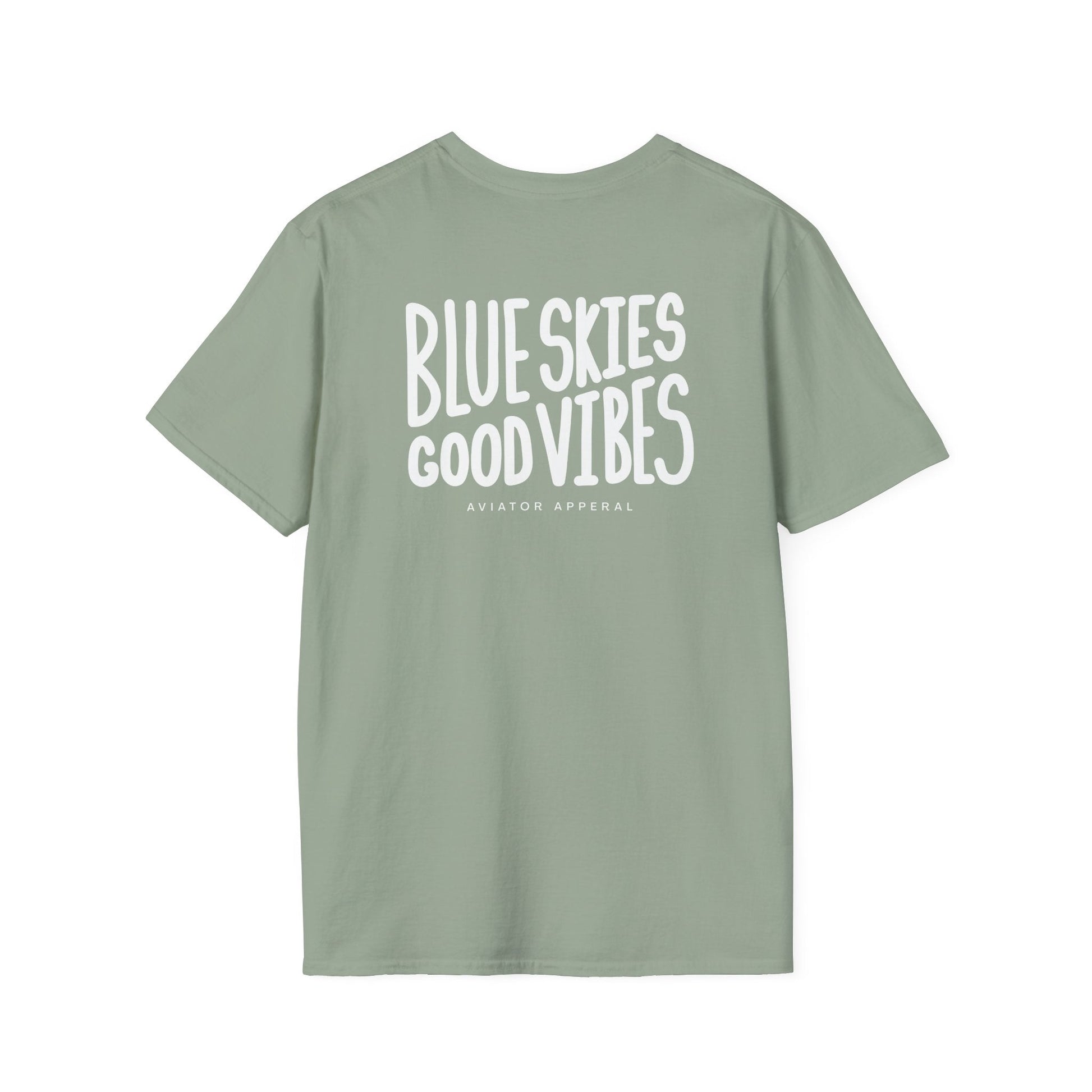 back of sage green Blue Skies, Good Vibes Aviator T-Shirt - Aviator Apparel