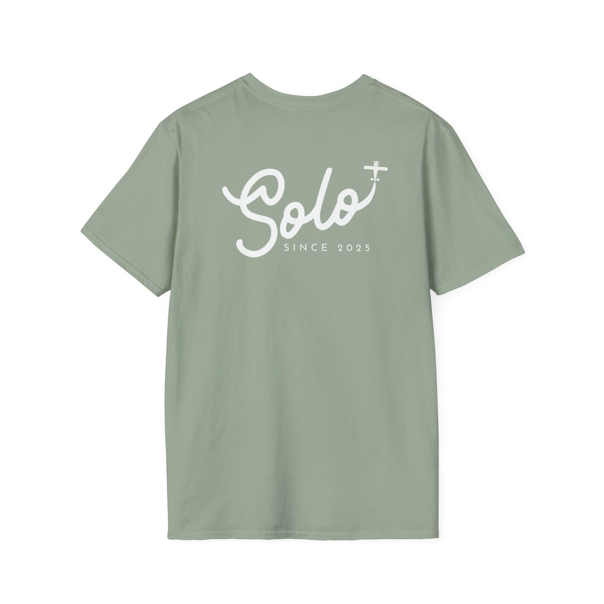 back of sage green Solo Since 2025 T-Shirt - First Solo Gift for Pilots - Aviator Apparel