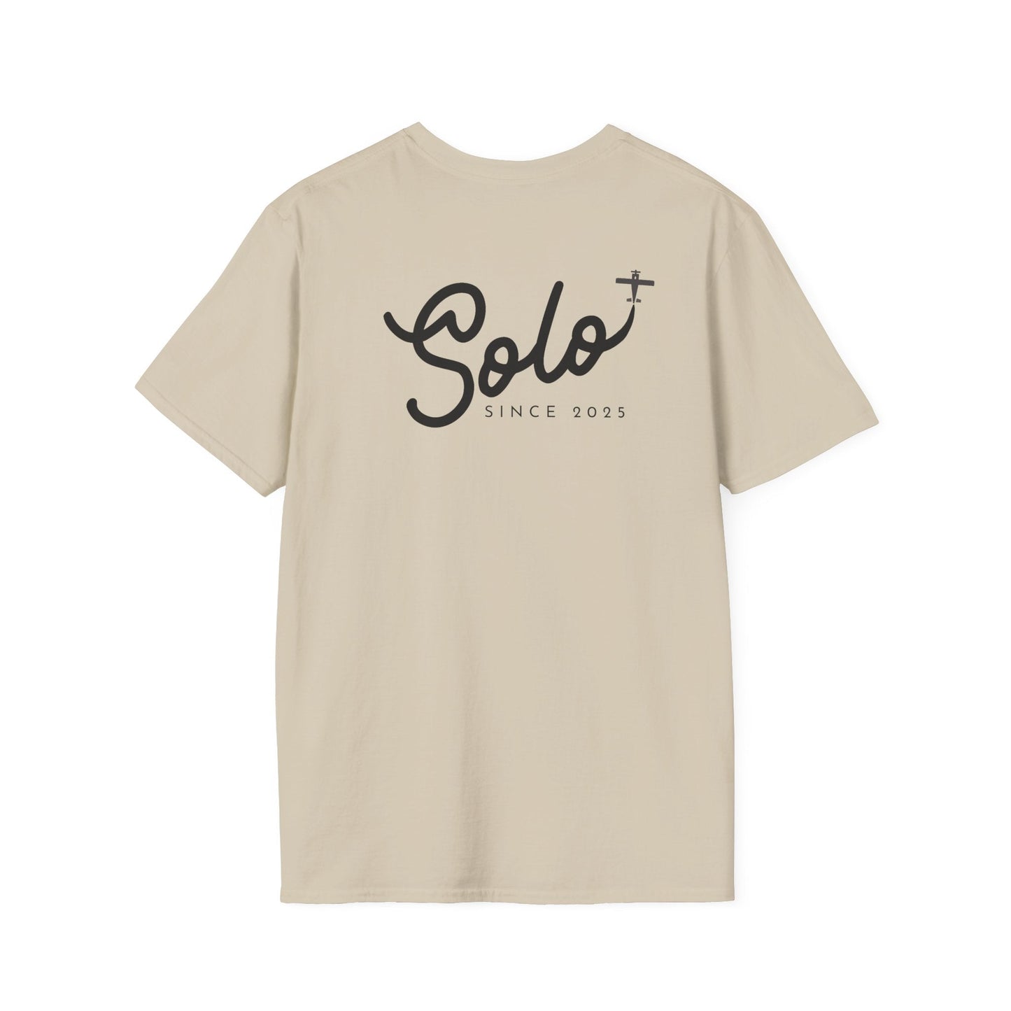 back of khaki Solo Since 2025 T-Shirt - First Solo Gift for Pilots - Aviator Apparel