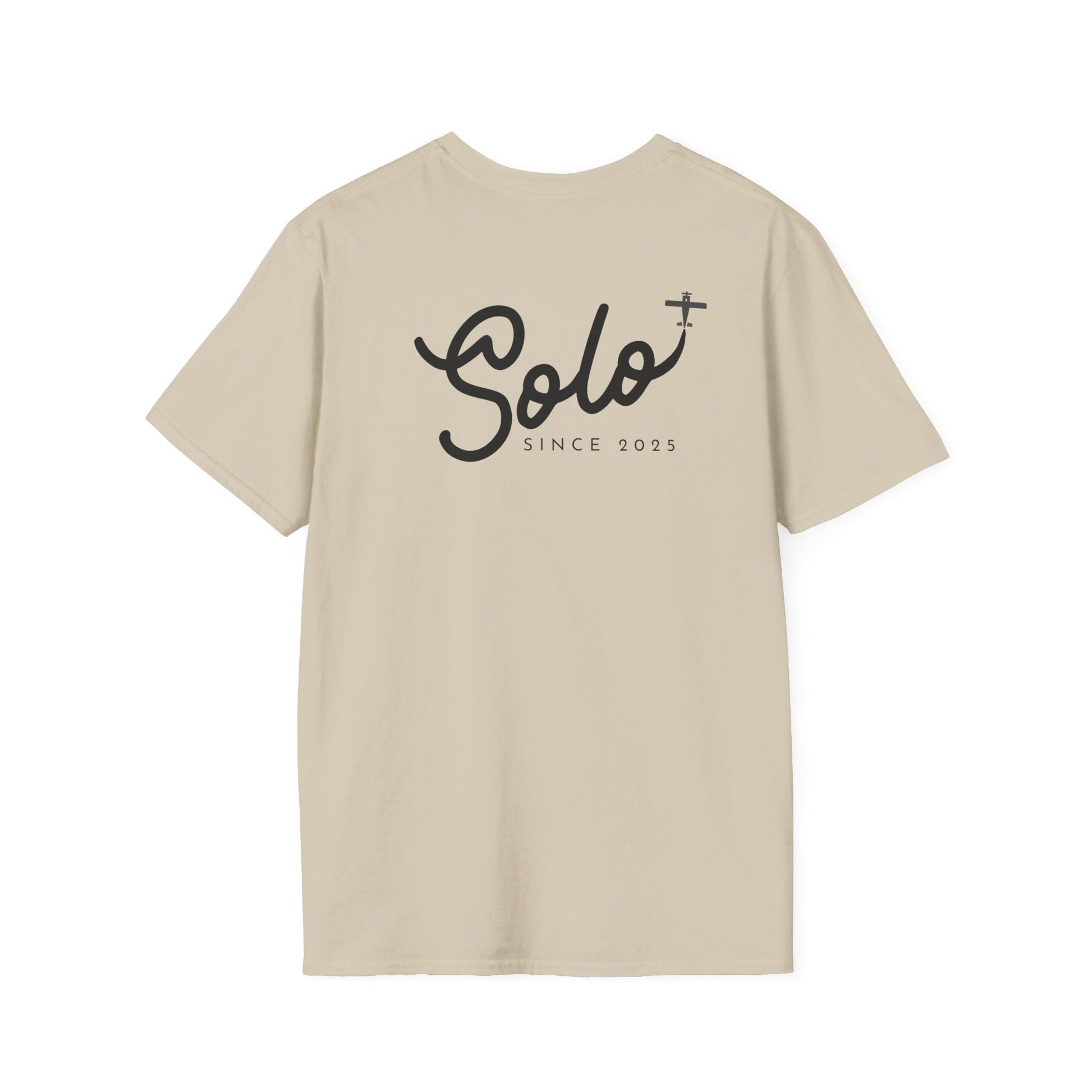 back of khaki Solo Since 2025 T-Shirt - First Solo Gift for Pilots - Aviator Apparel
