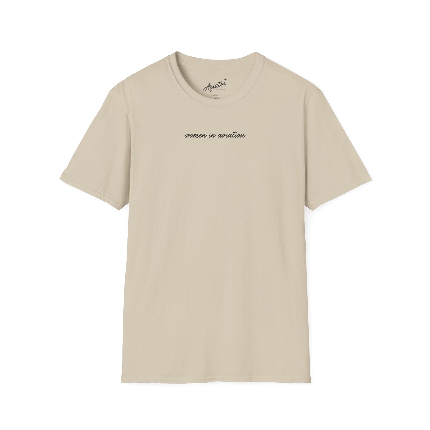 front of khaki Women in Aviation T-Shirt for Female Pilots - Aviator Apparel