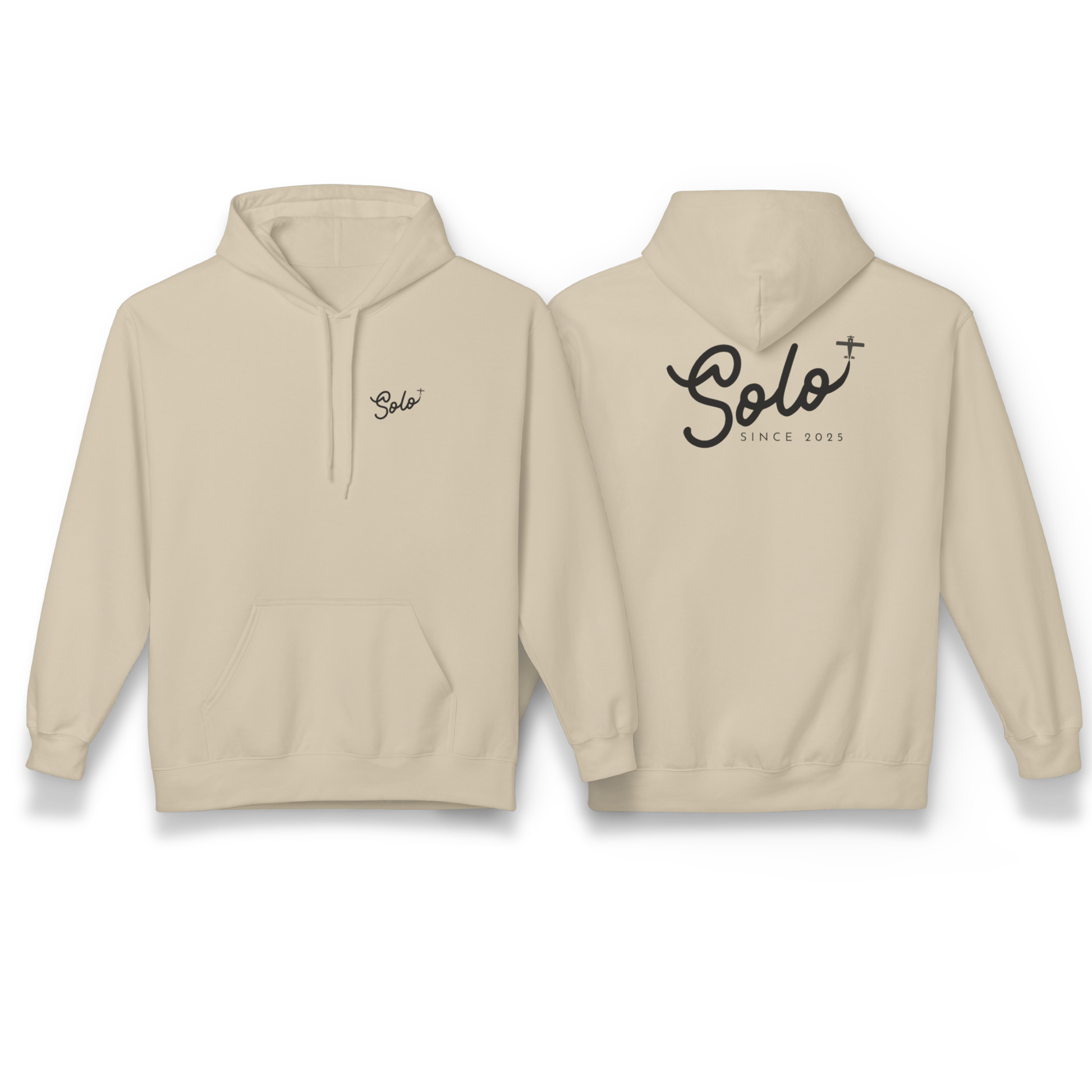 Front and Back of KhakiSolo Since 2025 Hoodie- First Solo Flight Gift for Pilots - Aviator Apparel