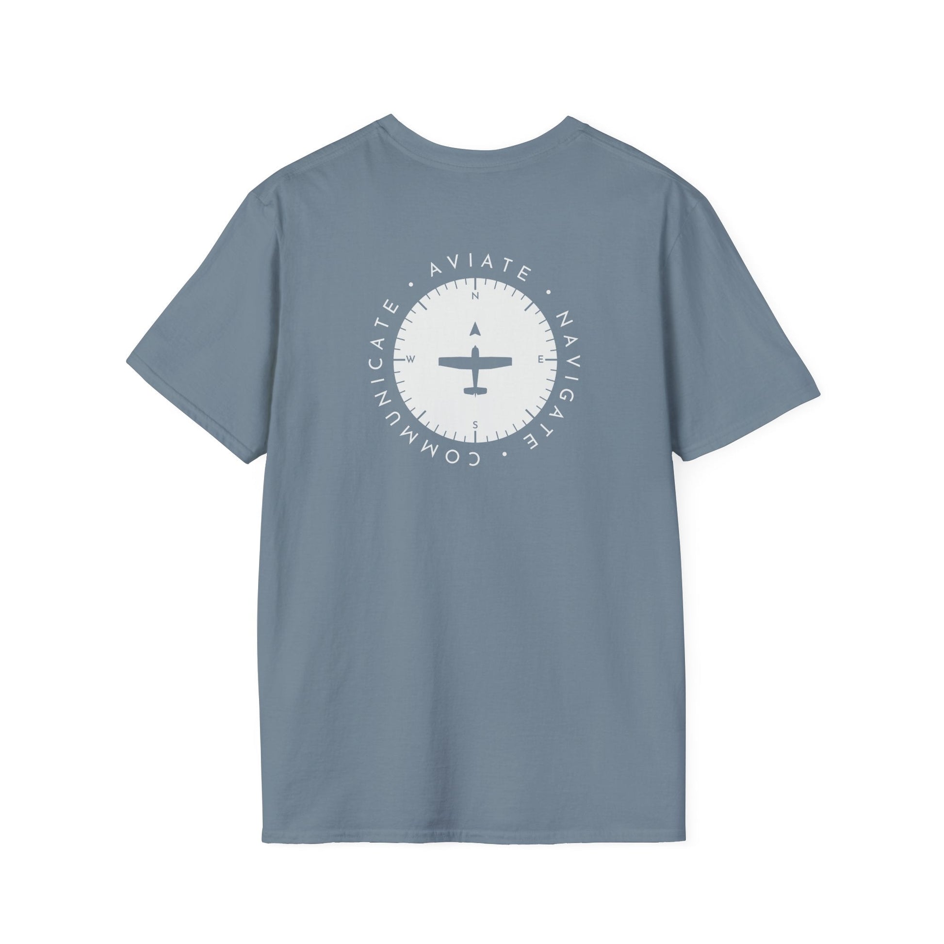 back of stone blue Aviate, Navigate, Communicate Pilot T-Shirt - Aviator Apparel