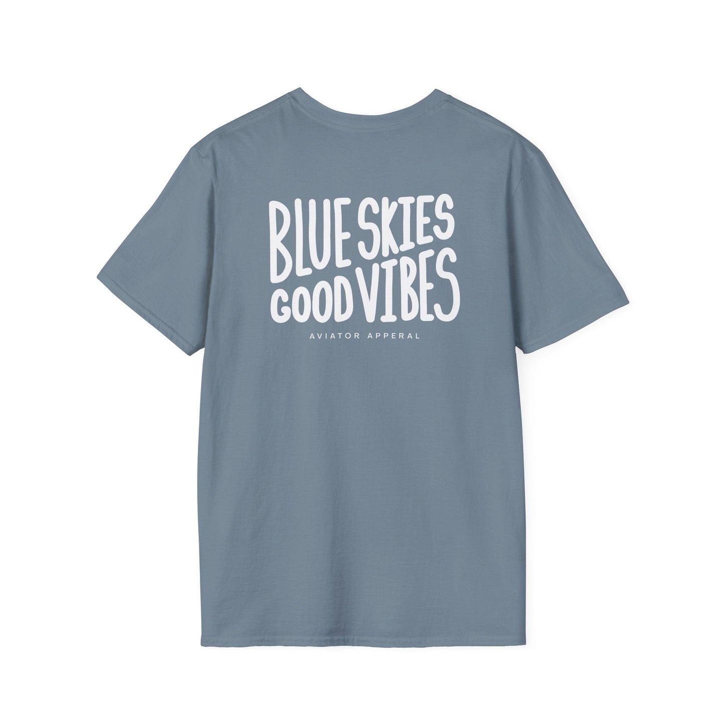 back of stone blue Blue Skies, Good Vibes Aviator T-Shirt - Aviator Apparel