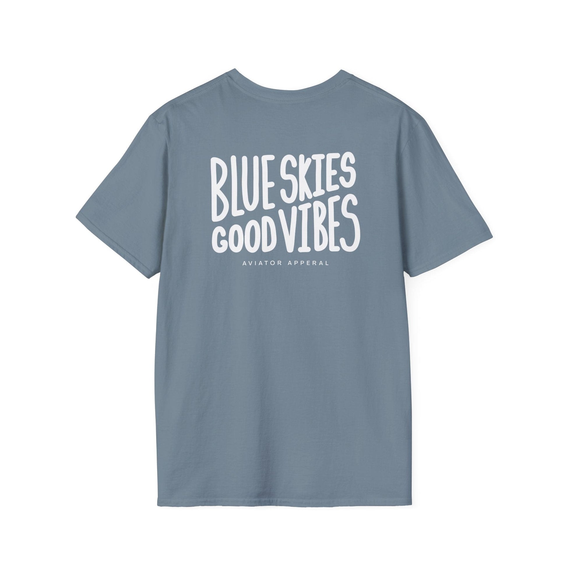 back of stone blue Blue Skies, Good Vibes Aviator T-Shirt - Aviator Apparel