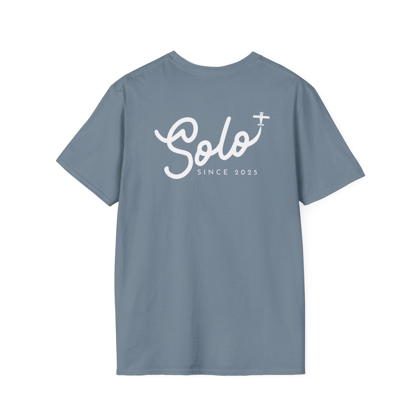 back of stone blue Solo Since 2025 T-Shirt - First Solo Gift for Pilots - Aviator Apparel