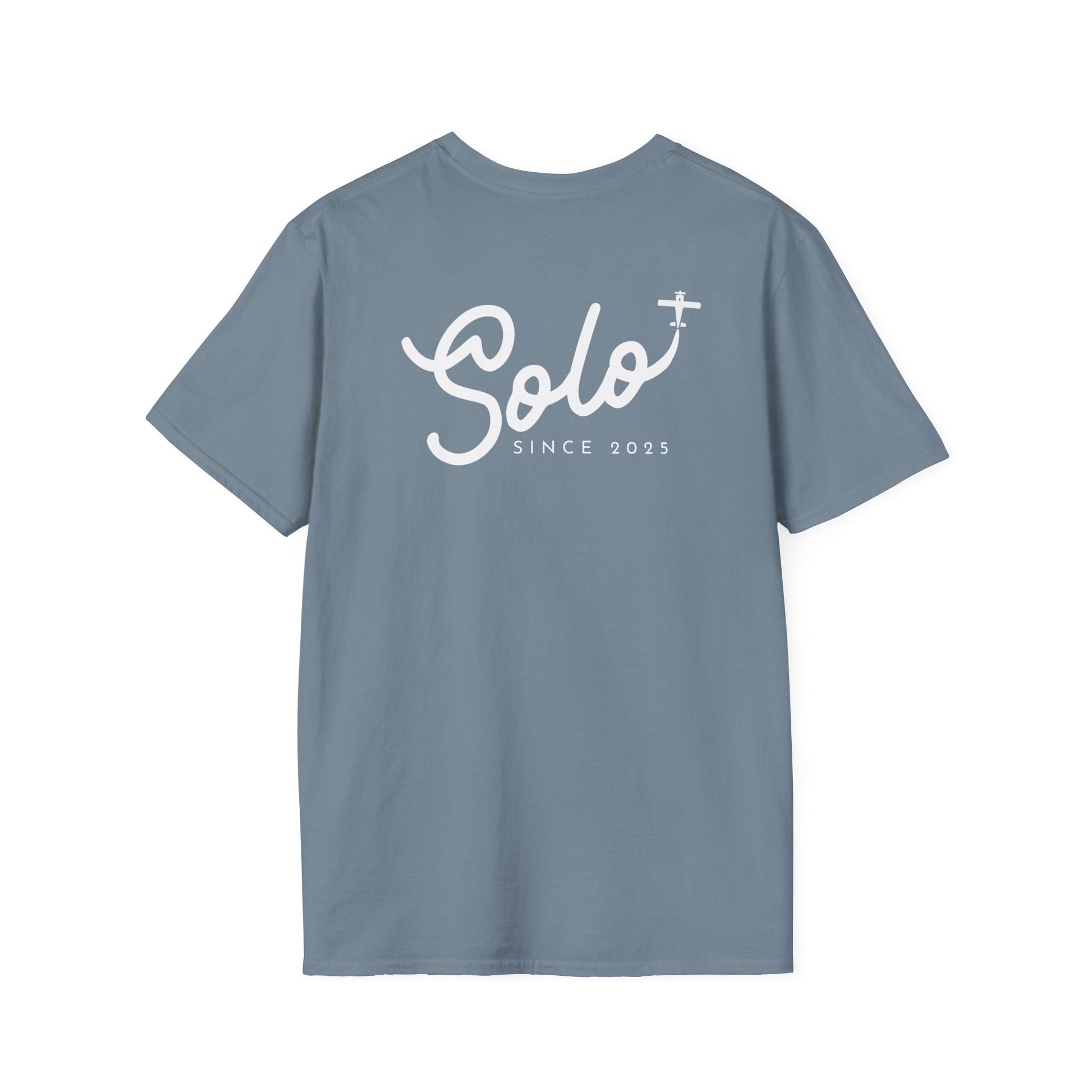back of stone blue Solo Since 2025 T-Shirt - First Solo Gift for Pilots - Aviator Apparel