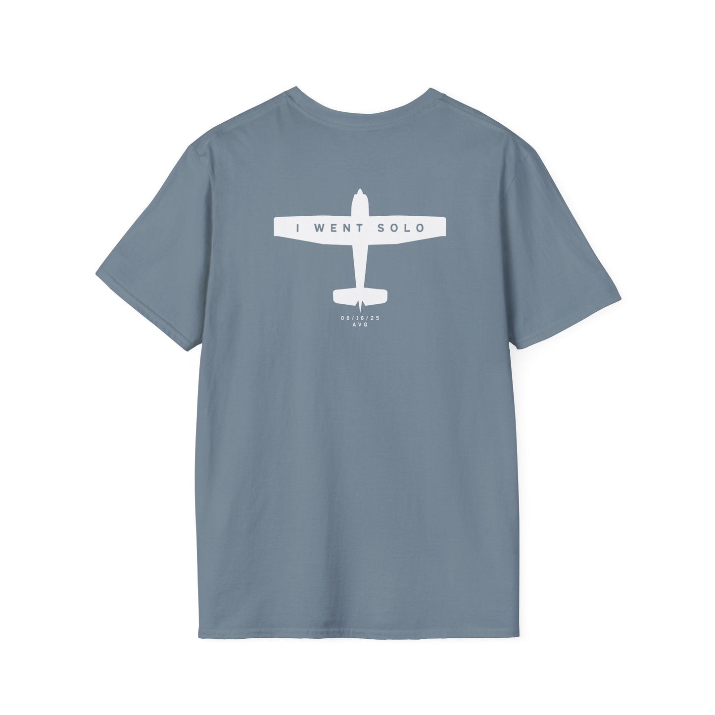 back of stone blue I went solo t-shirt - first solo flight gift for pilots - Aviator Apparel