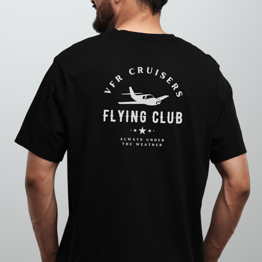 a male model showing the back of a black VFR Cruisers Flying Club T-Shirt - Aviator Apparel