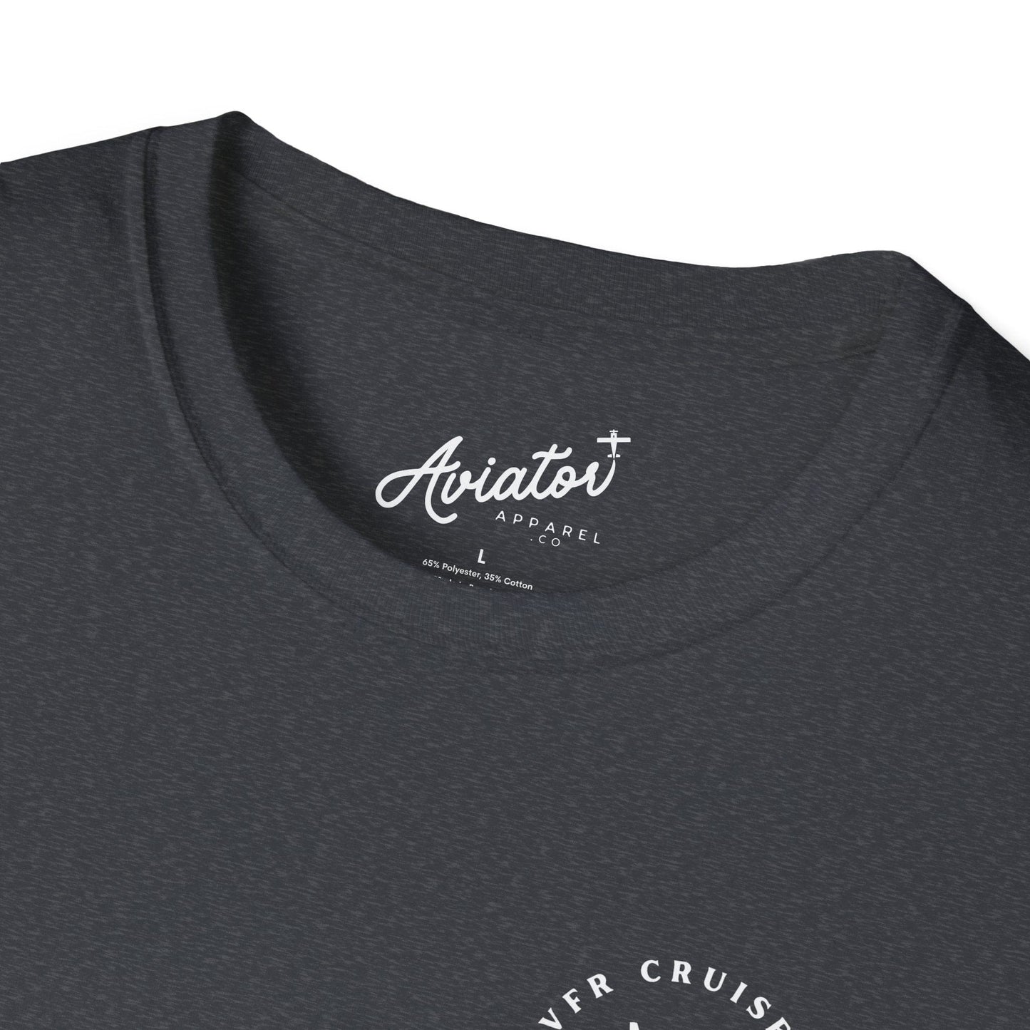 close up of dark heather grey VFR Cruisers Flying Club T-Shirt - Aviator Apparel