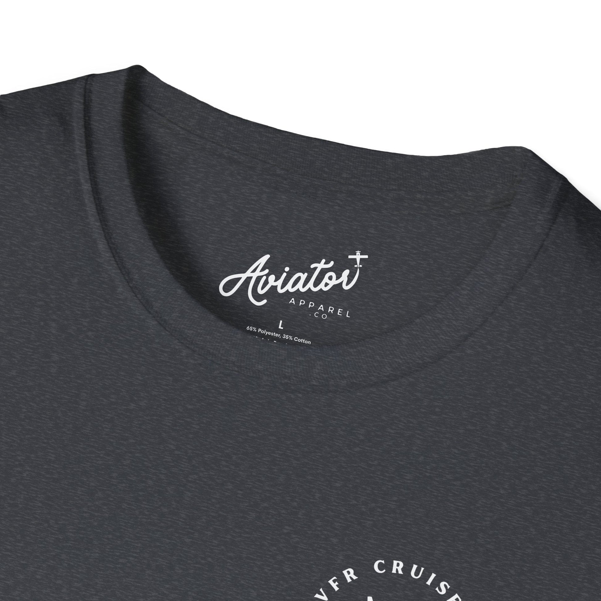 close up of dark heather grey VFR Cruisers Flying Club T-Shirt - Aviator Apparel
