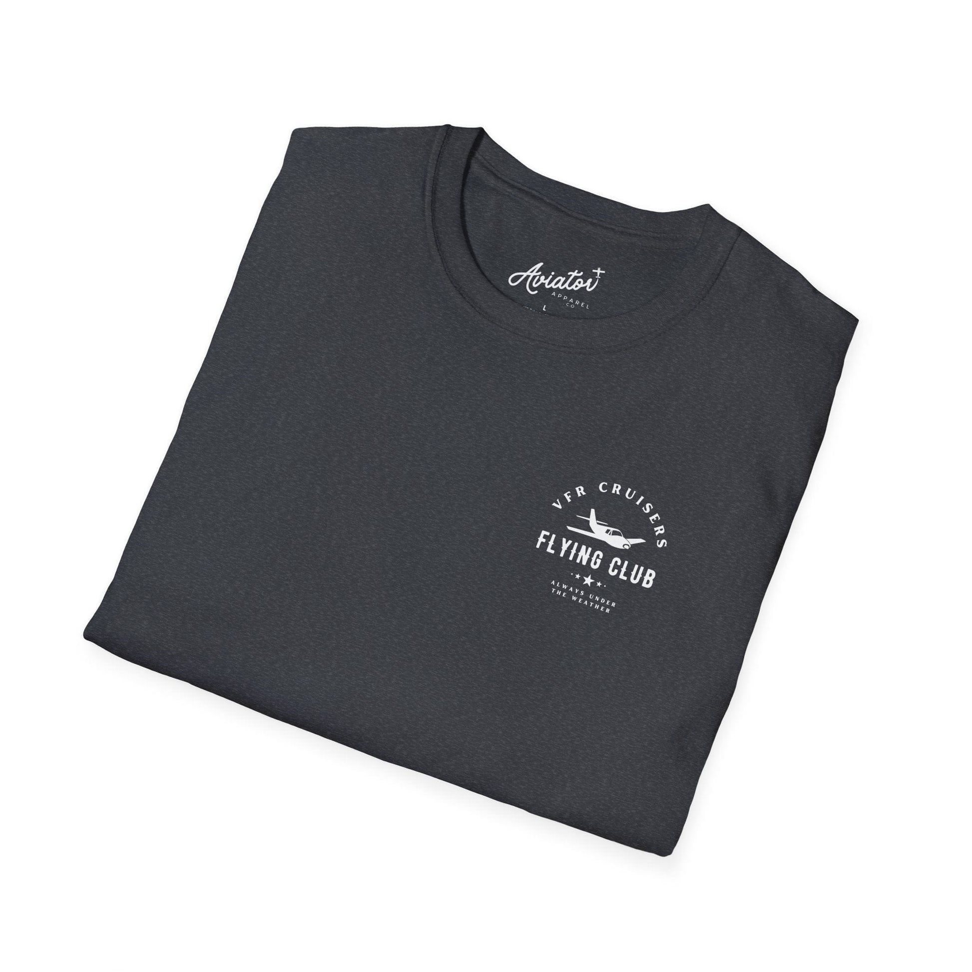 the front of a folded dark heather grey VFR Cruisers Flying Club T-Shirt - Aviator Apparel