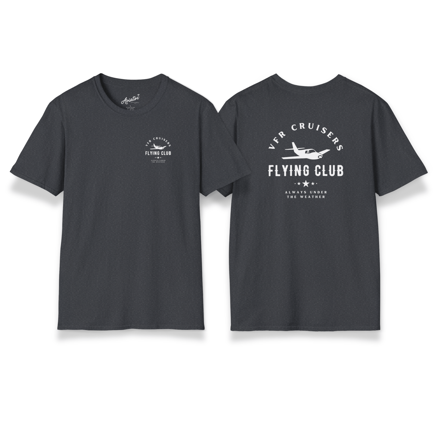 front and back of dark heather grey VFR Cruisers Flying Club T-Shirt - Aviator Apparel