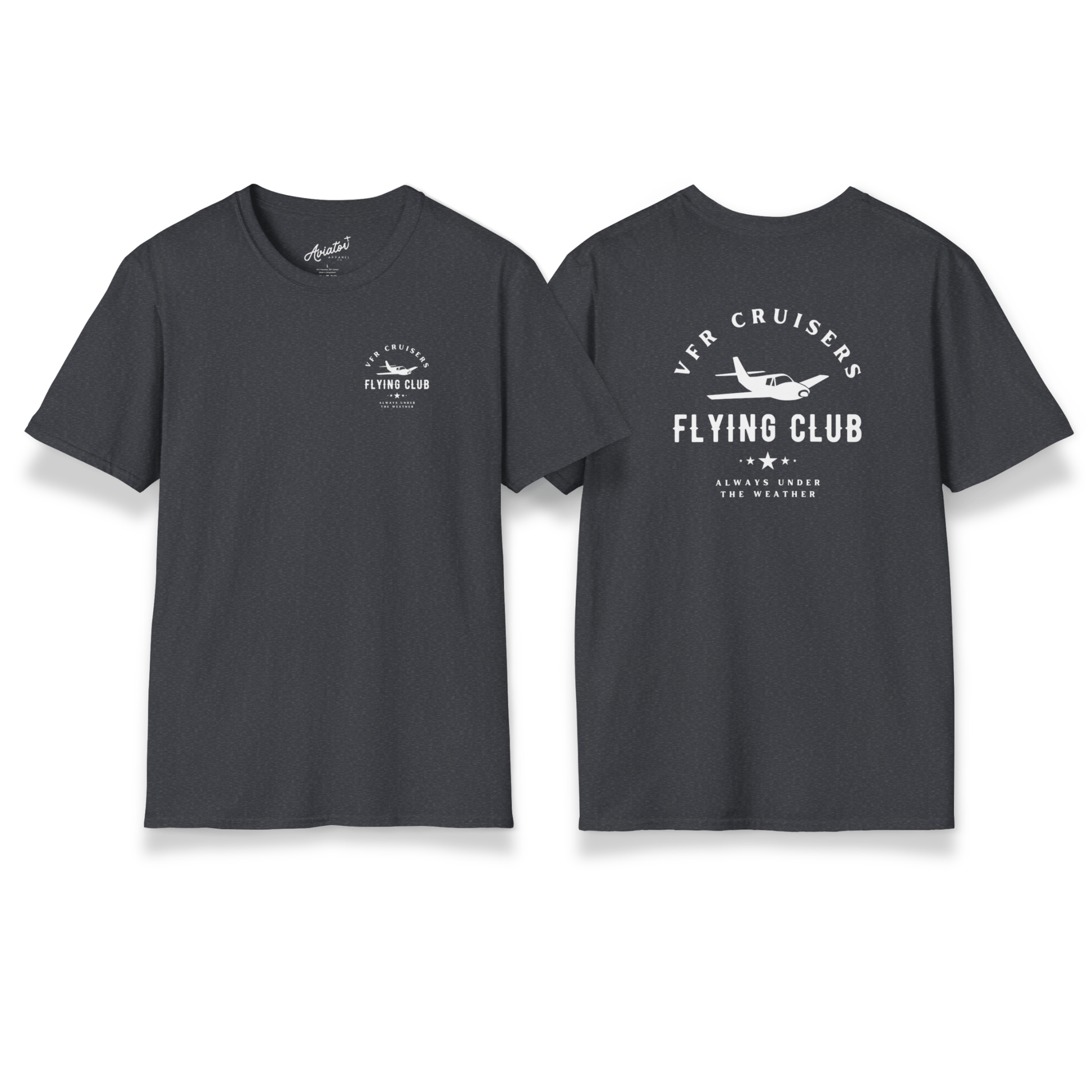 front and back of dark heather grey VFR Cruisers Flying Club T-Shirt - Aviator Apparel