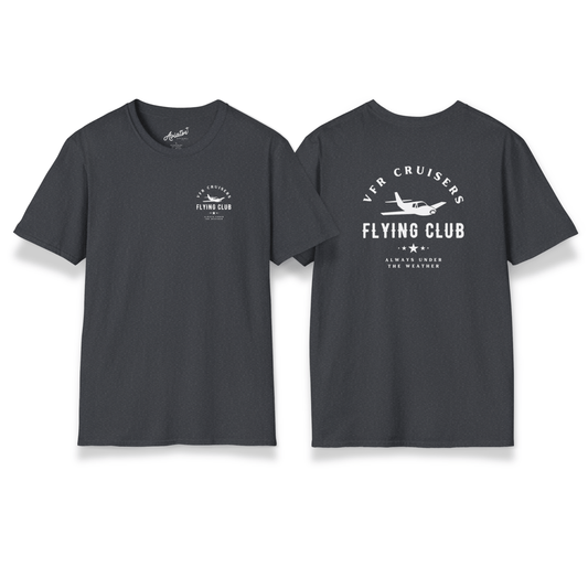 front and back of dark heather grey VFR Cruisers Flying Club T-Shirt - Aviator Apparel