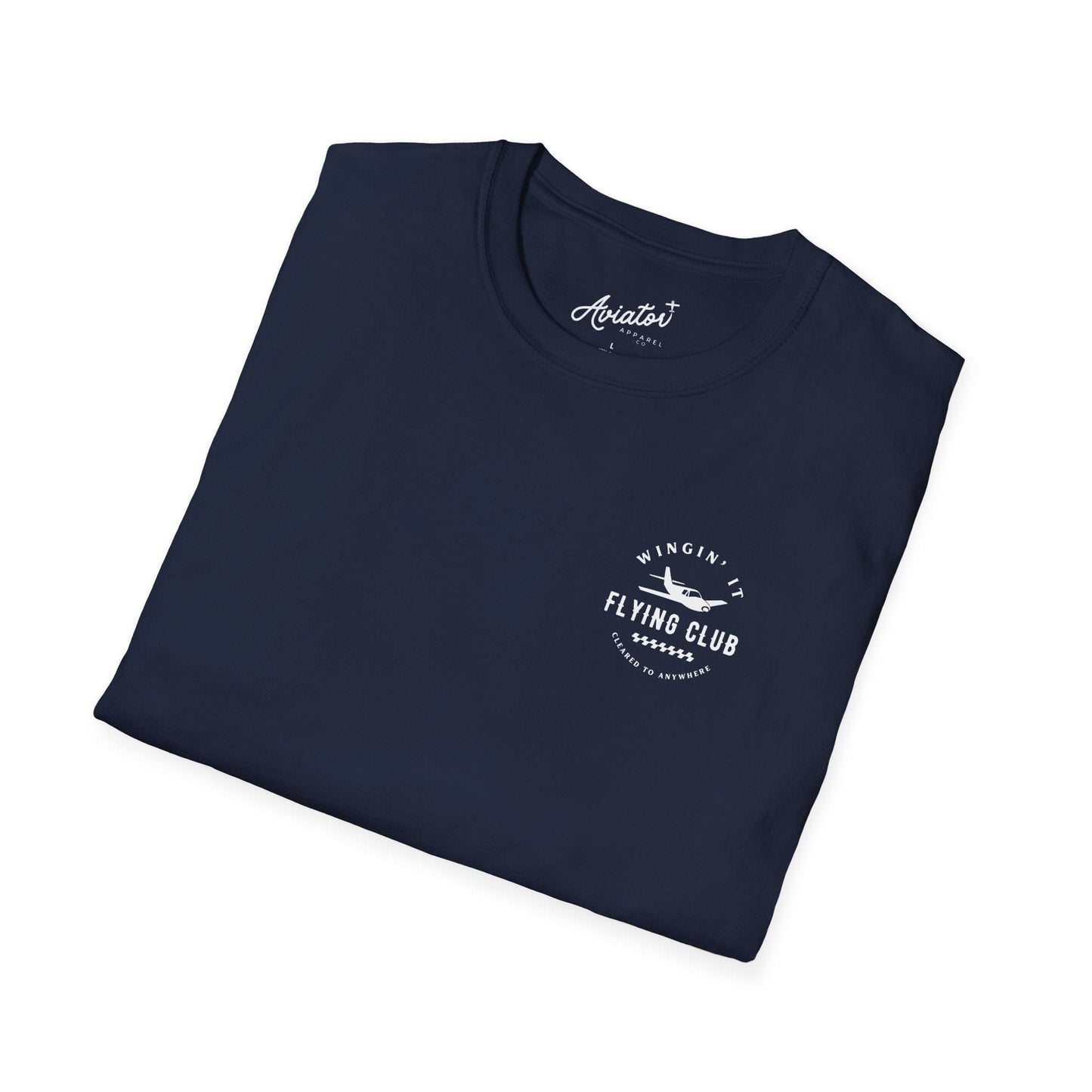 the front of a folded black Wingin' It Flying Club T-Shirt - Aviator Apparel