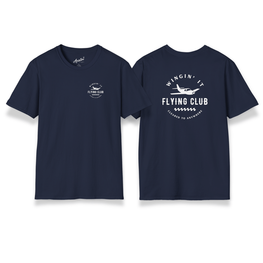 front and back of black Wingin' It Flying Club T-Shirt - Aviator Apparel